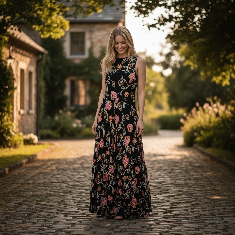 Nicole Miller Embroidered Maxi Dress Womens 6 Black Floral Cutout Back Gown